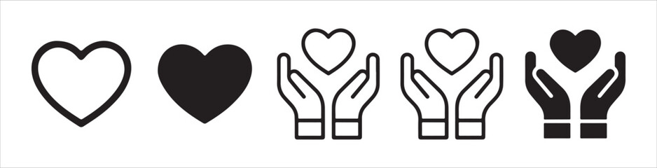 Heart and hands holding heart symbol icon set in outline and solid styles, vector illustration on white background
