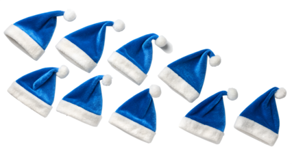Collage with Blue Santa Claus hats set, closeup objects. Isolated on transparent background. Christmas and New Year celebration
