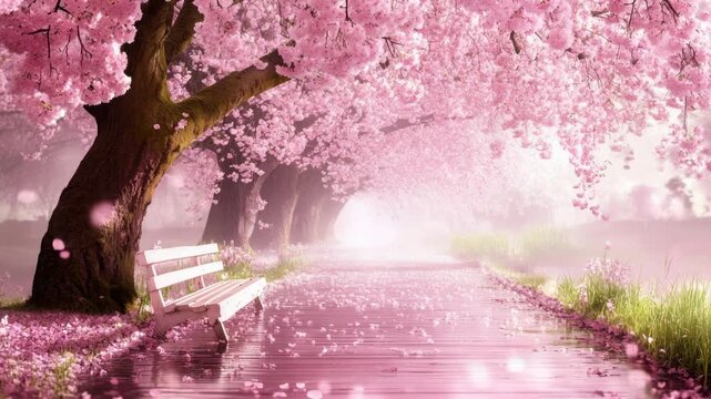 Video A wooden park bench sits under a tree with vibrant pink flowers, perfect for a relaxing afternoon in the outdoors