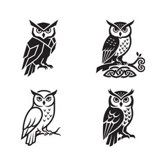 Four unique owl vector illustrations set, varying art styles