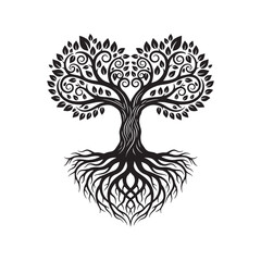 Stylized tree with intricate roots and lush leaves, nature symbol