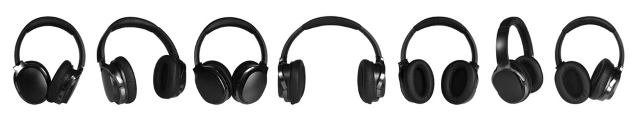 A set of black wireless headphones from different angles on a white isolated background