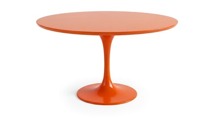Modern mid-century style glossy orange round dining table isolated on white background. Retro furniture design object or Tulip table concept.