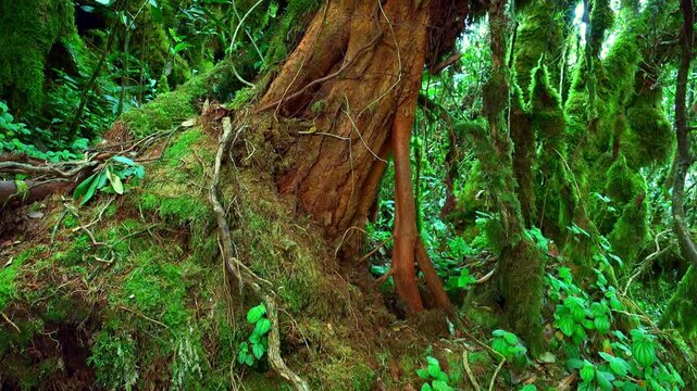 Massive trunk of exotic tree covered with brown bark and overgrown with green moss against thicket of tropical plants on background. Magical plants of fantasy forest concept. Panoramic view.