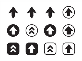 Set of black upload arrows isolated on white background, different shapes and styles, vector illustration
