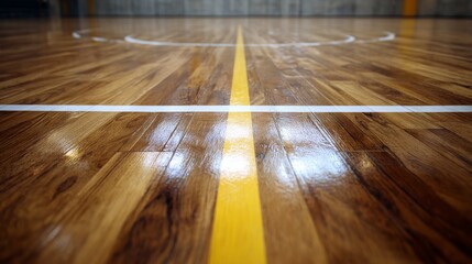 Extreme close-up texture of a polished wooden basketball court floor, with visible game lines (white and yellow).