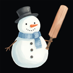 Cute Snowman Cricket Player Watercolor, Isolated on Black Background, Vector Illustration

