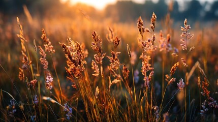 A golden sunset over a field of tall grass and wildflowers, with a few scattered purple flowers in the foreground.