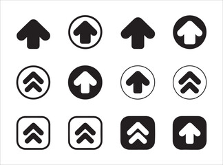 Set of sixteen upward arrow icons in diverse styles including solid outlined circles and rounded squares