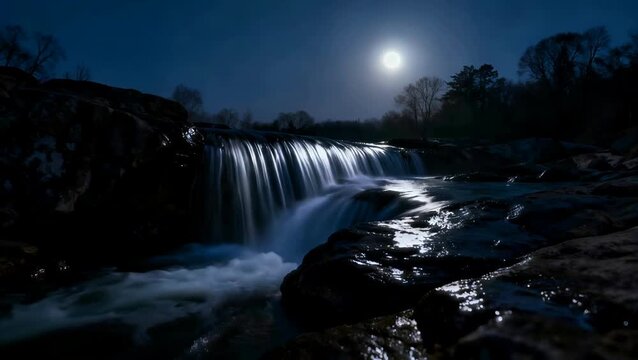 Long exposure photograph of a small, cascading waterfall flowing over dark rocks under the soft, bright glow of a full moon in a serene nighttime scene.