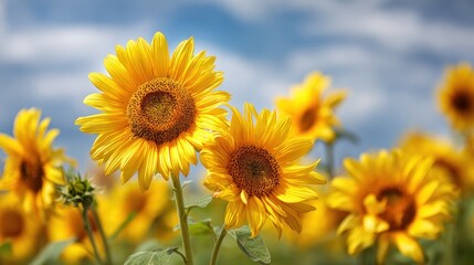 Fototapeta premium A vibrant field of sunflowers with a clear blue sky in the background, showcasing the bright yellow petals and vibrant orange centers.