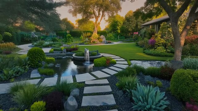 Lush, professionally designed backyard garden with stone path and fountain