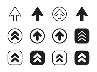 Diverse set of black upload arrows, including single and multiple chevrons, isolated on white background