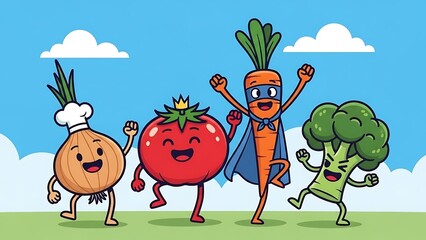 Cheerful vegetable characters having fun in a sunny cartoon style, perfect for healthy eating