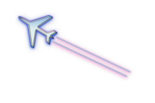 Glowing neon airplane  graphic elements isolated on transparent background. Bright neon exploring airplane speeds in red, yellow, purple and blue colors.