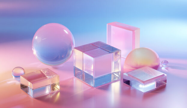 Abstract rendering of various translucent glass objects, spheres, cubes, and blocks, reflecting a gradient of pink and blue hues.