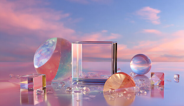 Abstract rendering of various transparent glass objects, including a sphere, cube, and half-circle, reflecting a pink and blue sky.