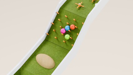 Mini golf theme marble race. Golf course marble run. Golf ball ball race. 3d Rendering