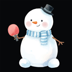 Cute Snowman Ping Pong Player Watercolor, Isolated on Black Background, Vector Illustration
