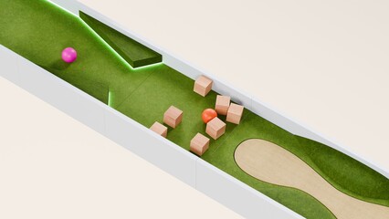 Mini golf theme marble race. Golf course marble run. Golf ball ball race. 3d Rendering