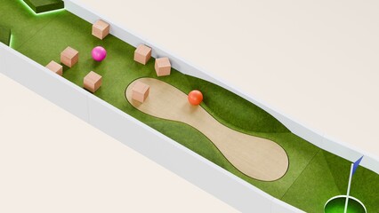 Mini golf theme marble race. Golf course marble run. Golf ball ball race. 3d Rendering