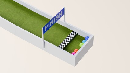 Mini golf theme marble race. Golf course marble run. Golf ball ball race. 3d Rendering