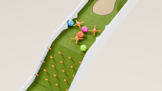 Mini golf theme marble race. Golf course marble run. Golf ball ball race. 3d Rendering