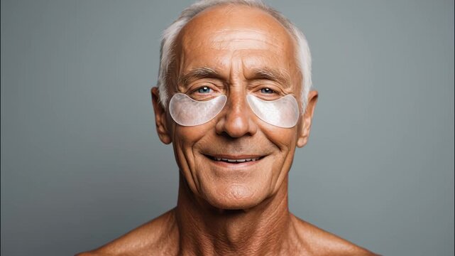 Elderly man smiling while wearing under-eye patches on grey background  