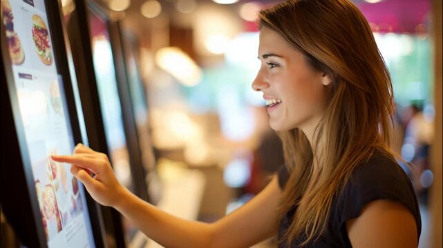 Young woman using touch screen kiosk to order at fast food restaurant  