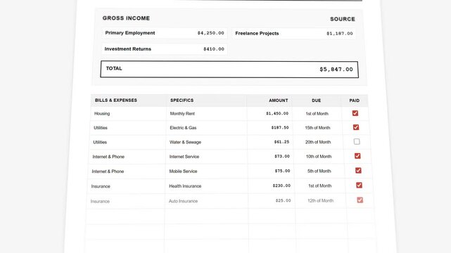 Interactive animated household budget planner template: detailed expense tracking with real-time financial calculations
