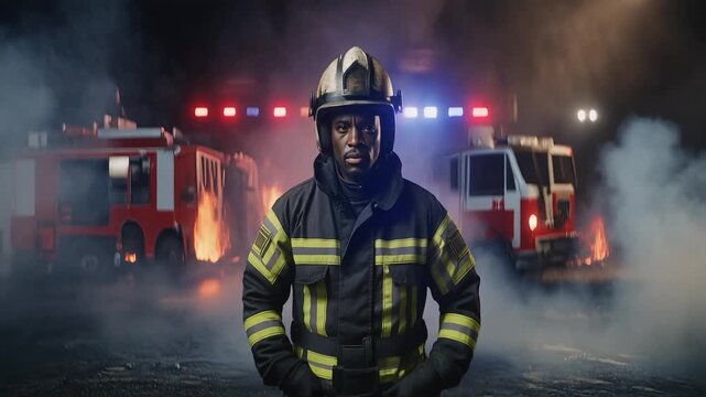 Serious firefighter in protective gear with fire truck in background