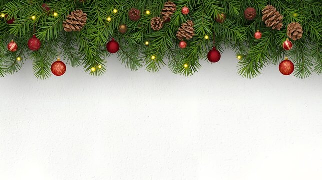 Realistic Christmas decor with of pine branches, pine cone, pomegranate, sparkles, light garland and Christmas toys on transparent background. Illustration for your poster, banner, cards. Vector