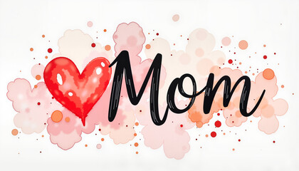 Elegant "Mom" illustration with a heart on a watercolor background, a love concept.