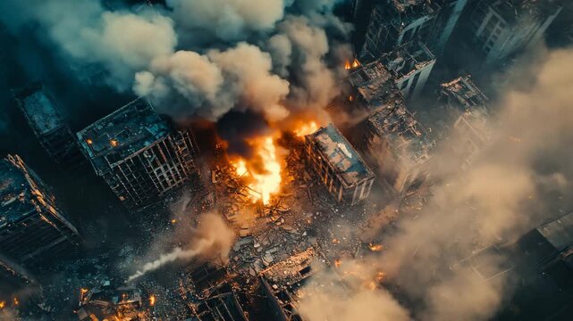 Cinematic top-down view of a destroyed city with buildings burning and thick smoke rising. Devastation and warfare in an urban area