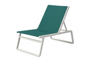 Teal modern lounge chair for summer relaxation, comfortable outdoor sunbathing furniture with transparent background