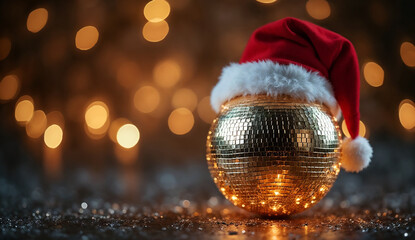 Festive disco ball wearing a santa hat with bokeh background