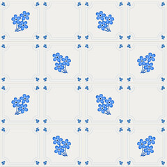 Delft floral tile pattern in cobalt blue on cloud dancer white subway tiles.