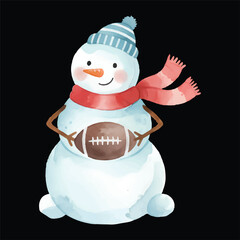 Cute Snowman Rugby Player Watercolor, Isolated on Black Background, Vector Illustration

