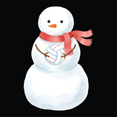 Cute Snowman Volleyball Player Watercolor, Isolated on Black Background, Vector Illustration
