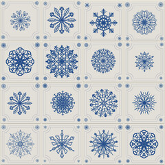 Delft snowflake tile pattern in cobalt blue on cloud dancer white subway tiles.