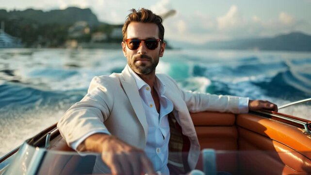 Confident bearded man in a stylish suit and sunglasses cruising on a classic wooden motorboat. Rich lifestyle and summer vacation concept