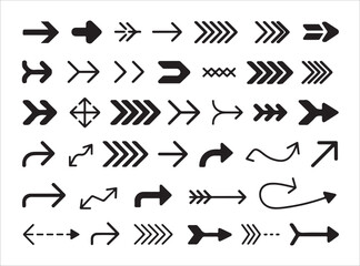 Naklejka premium Set of black arrows icons. basic directional signs, forward back left right pointer symbols. diverse arrow set