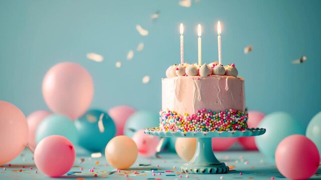 Festive birthday cake with lit candles on a stand, surrounded by colorful pastel balloons and falling confetti against a blue background