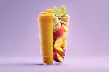 Glass split into smoothie and fresh fruit layers with lime on top. Bright pastel background and clean food concept.