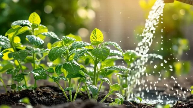 Close-up of water pouring from a watering can onto young seedlings. Fresh green plants growing in fertile soil receiving essential care