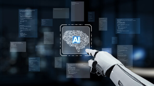 A robotic hand points at a digital representation of an artificial intelligence brain, surrounded by floating code snippets in a sleek modern tech environment. Synapse