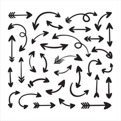 Set of black hand drawn arrows, collection of doodle arrow vector illustration with different shapes and directions