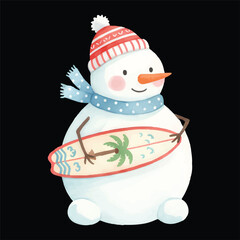 Cute Snowman Surfer Watercolor, Isolated on Black Background, Vector Illustration
