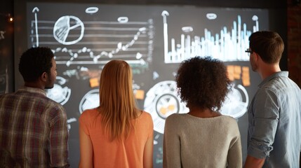 Four people standing in front of a large screen displaying a financial graph and data, with one person wearing a blue shirt and glasses, and the others wearing different colored shirts.