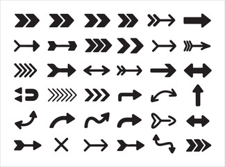 Set of black arrows icons. basic directional signs, forward back left right pointer symbols. extensive arrow collection